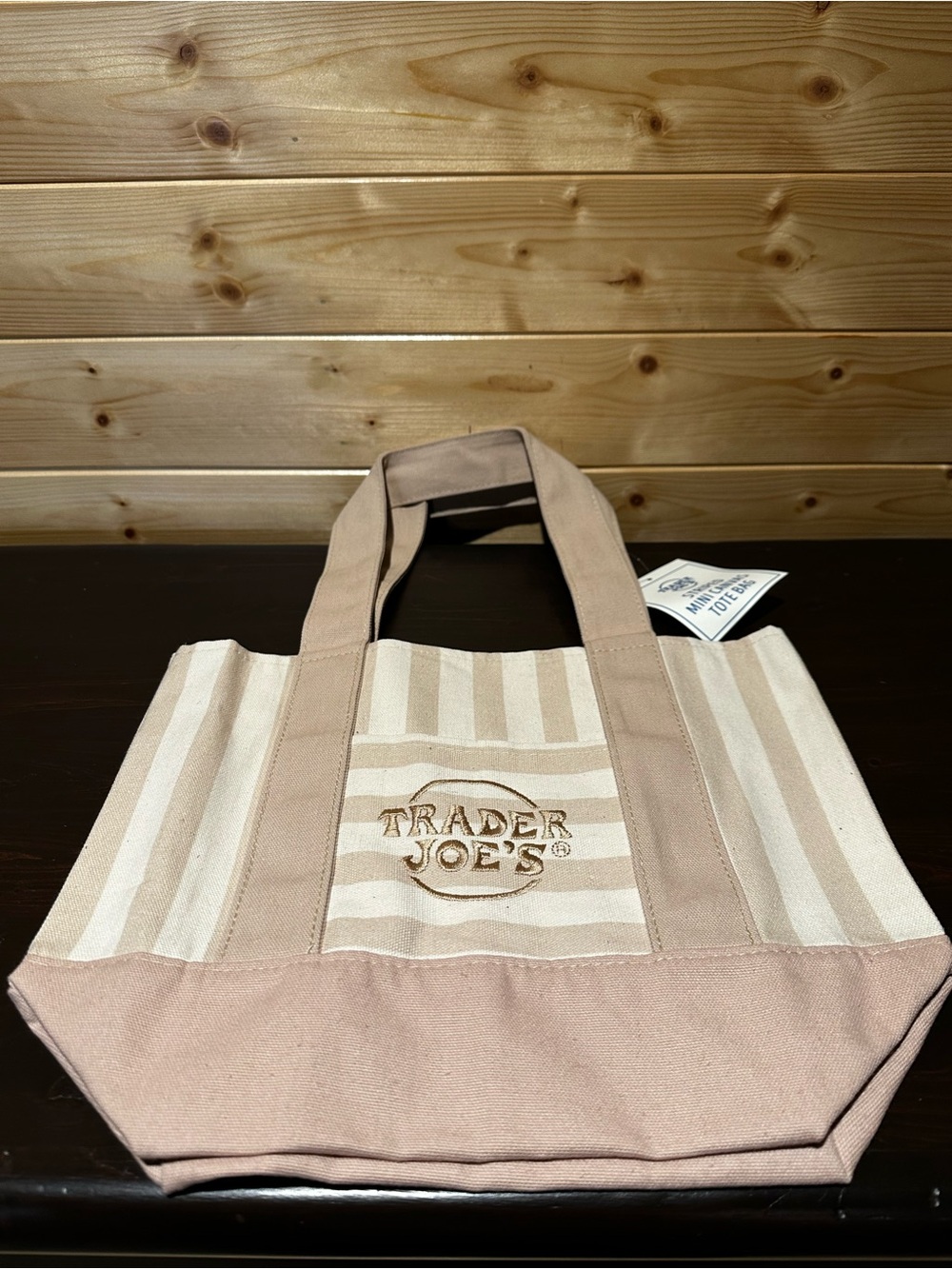 Authentic BNWT viral Trader Joe’s 2026 striped mini canvas summer tote in tan.
